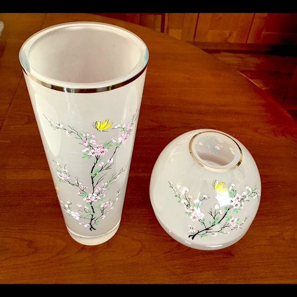 Milky White Sanded Art Glass Vase & Candle Bowl Set Handpainted Cherry Blossom - Picture 4 of 9